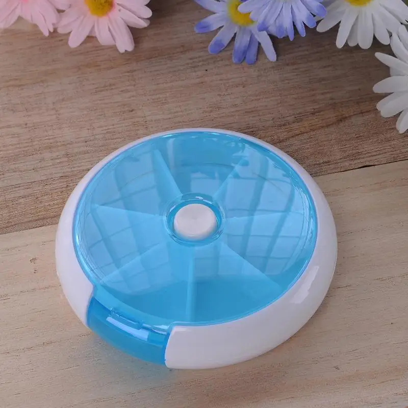 

6 Color Mini Medicine Pill Box 7 Lattice Camping Travl Storage Particulates or Candy Round Shape Container Emergency Kit Box