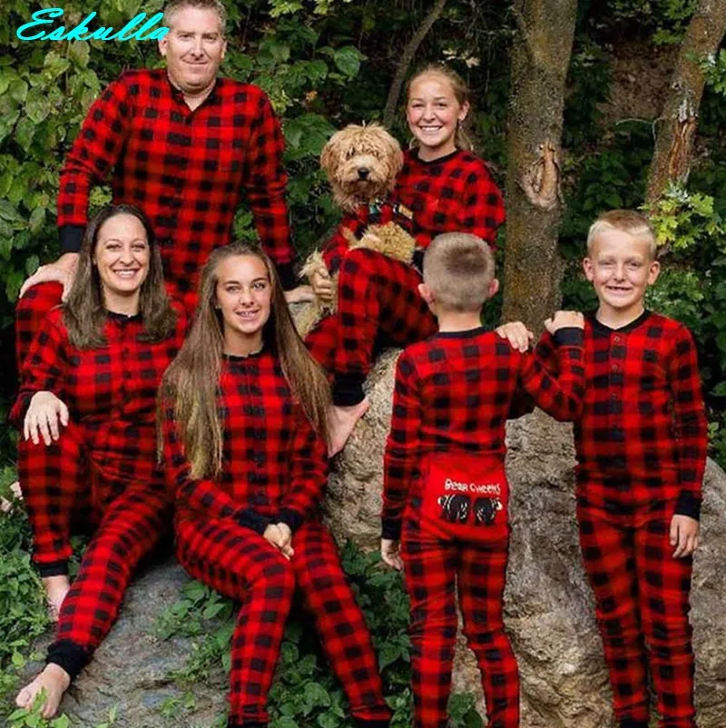 

Spring and Autumn Parent child Pyjamas Set Christmas Family Matching Jumpsuits Adult Women Men Kid Baby Red Plaid Sleepwear