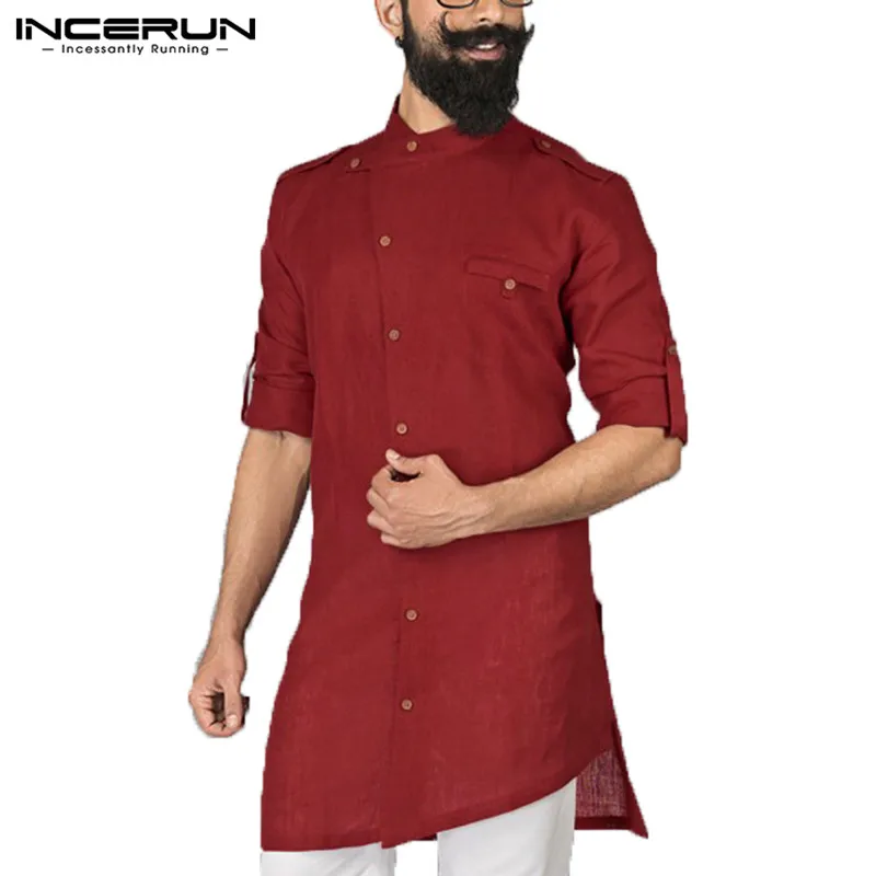 شيك 2019 كورتا الدعاوى الهندي الرجال الملابس اللباس قميص كم طويل زر أسفل فضفاض العربية الإسلامية الملابس قميص Kurtas Pathani