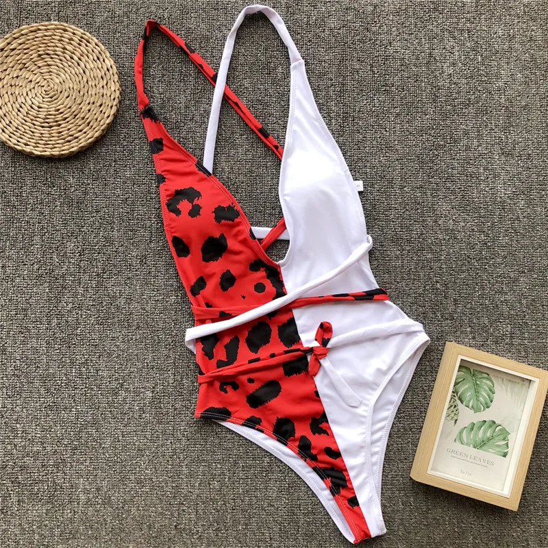

Leopard patchwork Hot summer swimsuit Women sexy backless bandage Deep V Push up padded monokinis one piece bathing holiday 2019