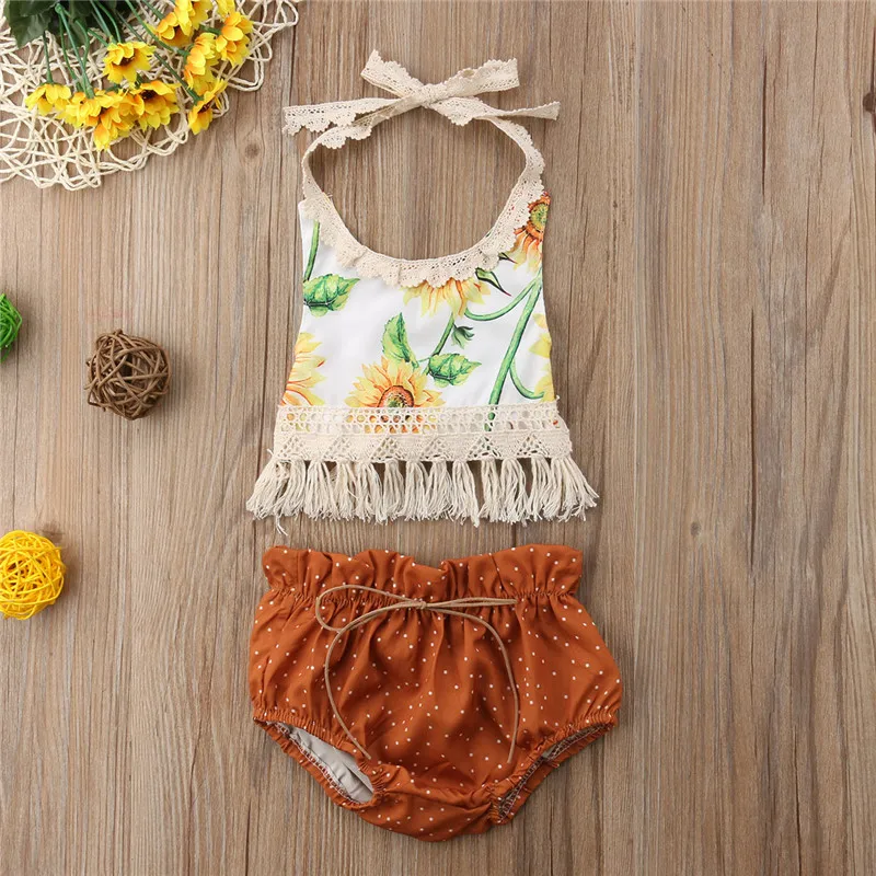Nette Baby Mädchen Quaste Bib Outfits Sonnenblumen Ärmel Halfter T-shirt Tops + Kleinkind Gürtel Dots Shorts 2 Pcs Sommer Prinzessin kleidung