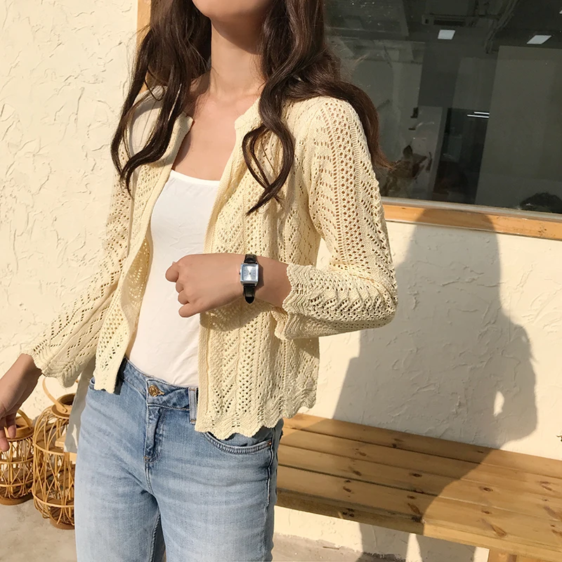 2020 spring new cardigan sweater short cut long sleeves hollowed elegant lady thin design |