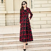 Высокое качество Черный Красный плед шерстяное пальто для женщин осень зима уличная одежда женские пальто двубортный с отворотом поясом длинная верхняя одежда