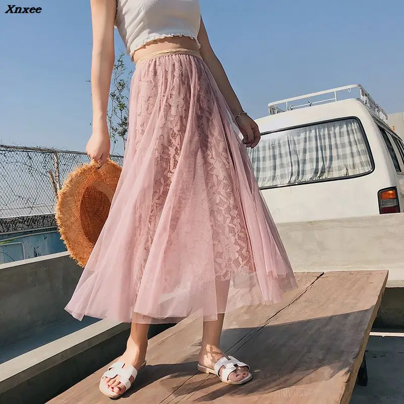 Women's Girls Lace Skirts Spring New 2018 Boutique Embroidery Long Skirt High Elastic Waist Gauze Pleated Skirt Beach Skirt