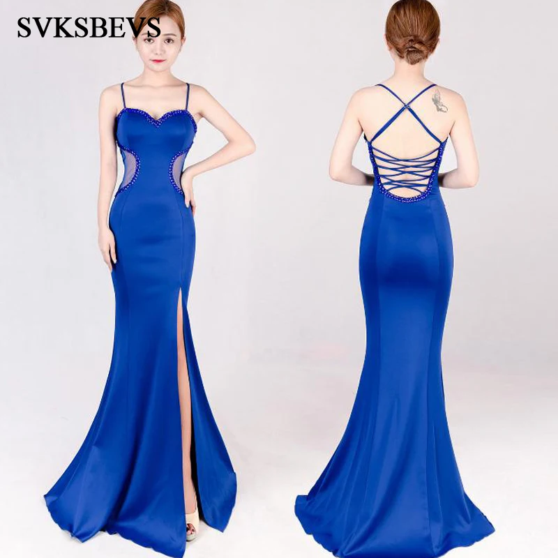 

SVKSBEVS 2019 Crystal V Neck Sexy Split Mermaid Long Dresses Party Spaghetti Strap Cross Bandage Backless Maxi Dress