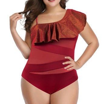 

Plus Size 3XL Womens Ruffles One Shoulder Mesh Patchwork Swimwear Bathing Monokini Push Up Padded Bikini One Piece Summer
