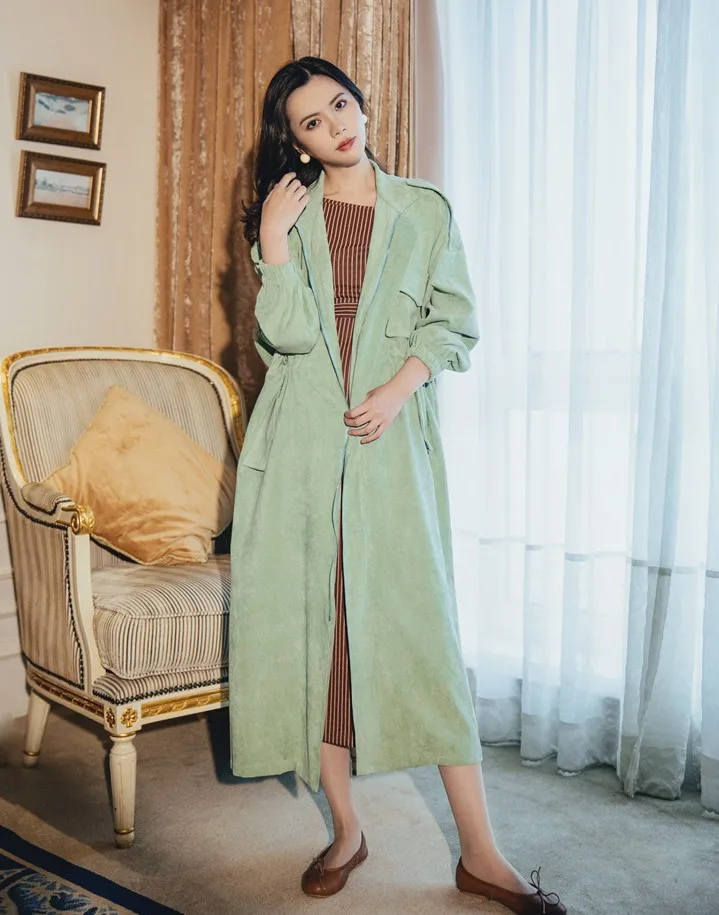 

New Women Long Trench Coatlt Raglan Sleeve Coats Blue Shallow Lotus Green 8157