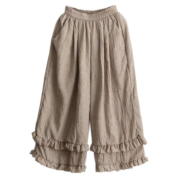 

2019 Women Summer Solid Wid Leg Pants Loose Calf-Length Trousers Female Elastic Waist Cotton Linen Capris Pants