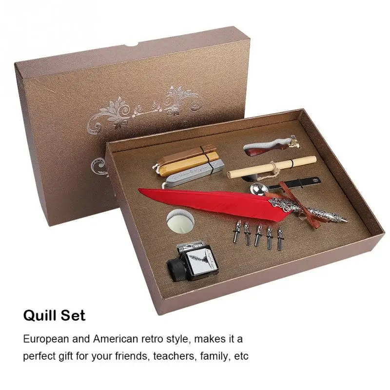

Retro Quill Feather Writing Pen Gift Box with Empty Ink Bottle Quill Set for Teacher Wine Red 2019 New
