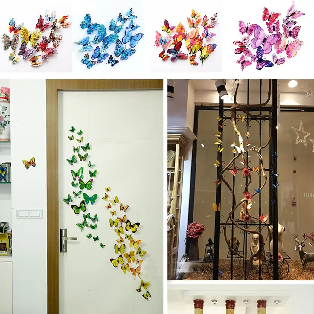 12 шт. ПВХ 3D Бабочка стены DIY Декор милые бабочки настенные художественные