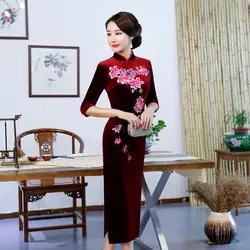 Вышивка бархат Cheongsam платье китайское традиционное Qipao красный Длинные Платья Восточный стиль Китайские женские халаты велюр