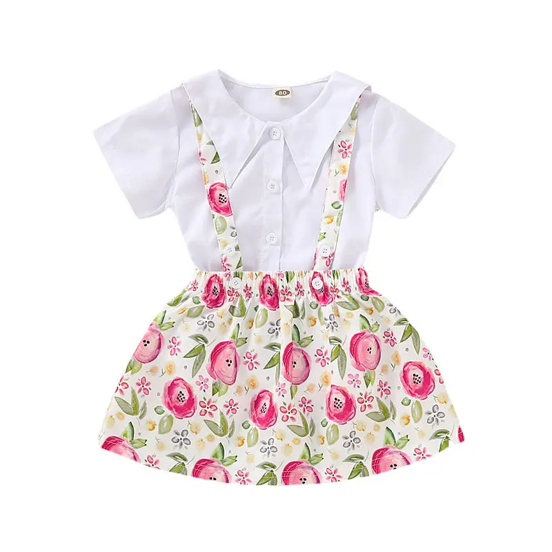 

2019 1-5T Kids Clothes Set Baby Girls Outfit Toddler Shirt+Strap Floral Dress Summer Children Set 2pcs