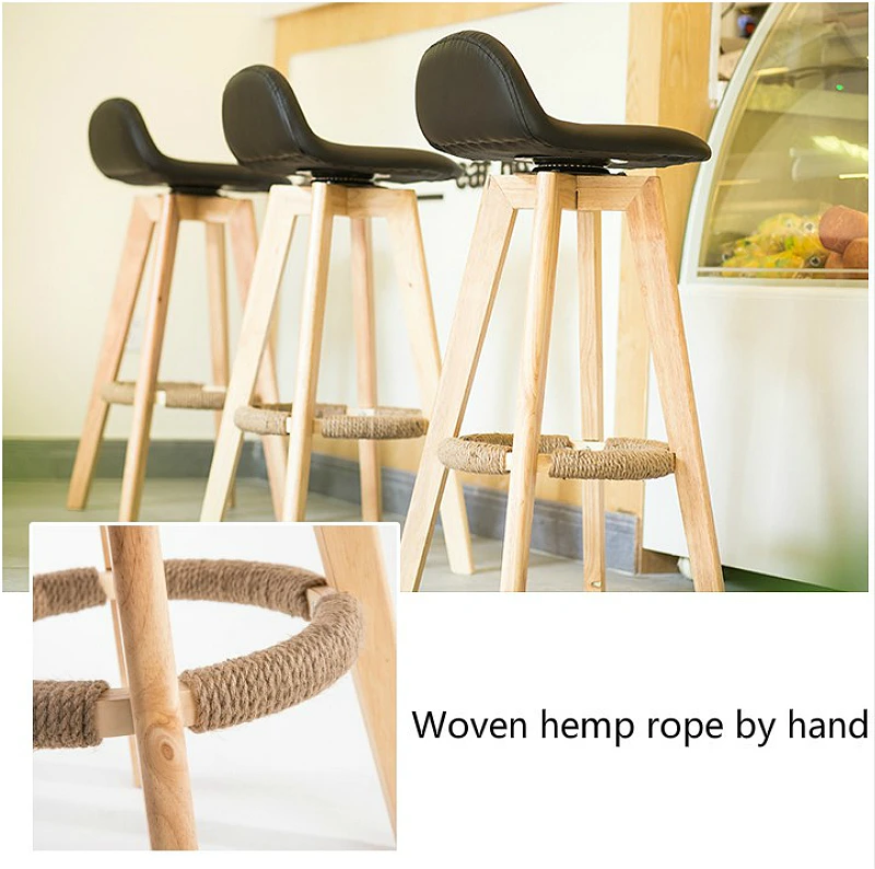 Solid Wood Bar Chair with Backrest Retro Household Rotated Washable High Stool with Footrest Wooden Front Desk Bar Stool