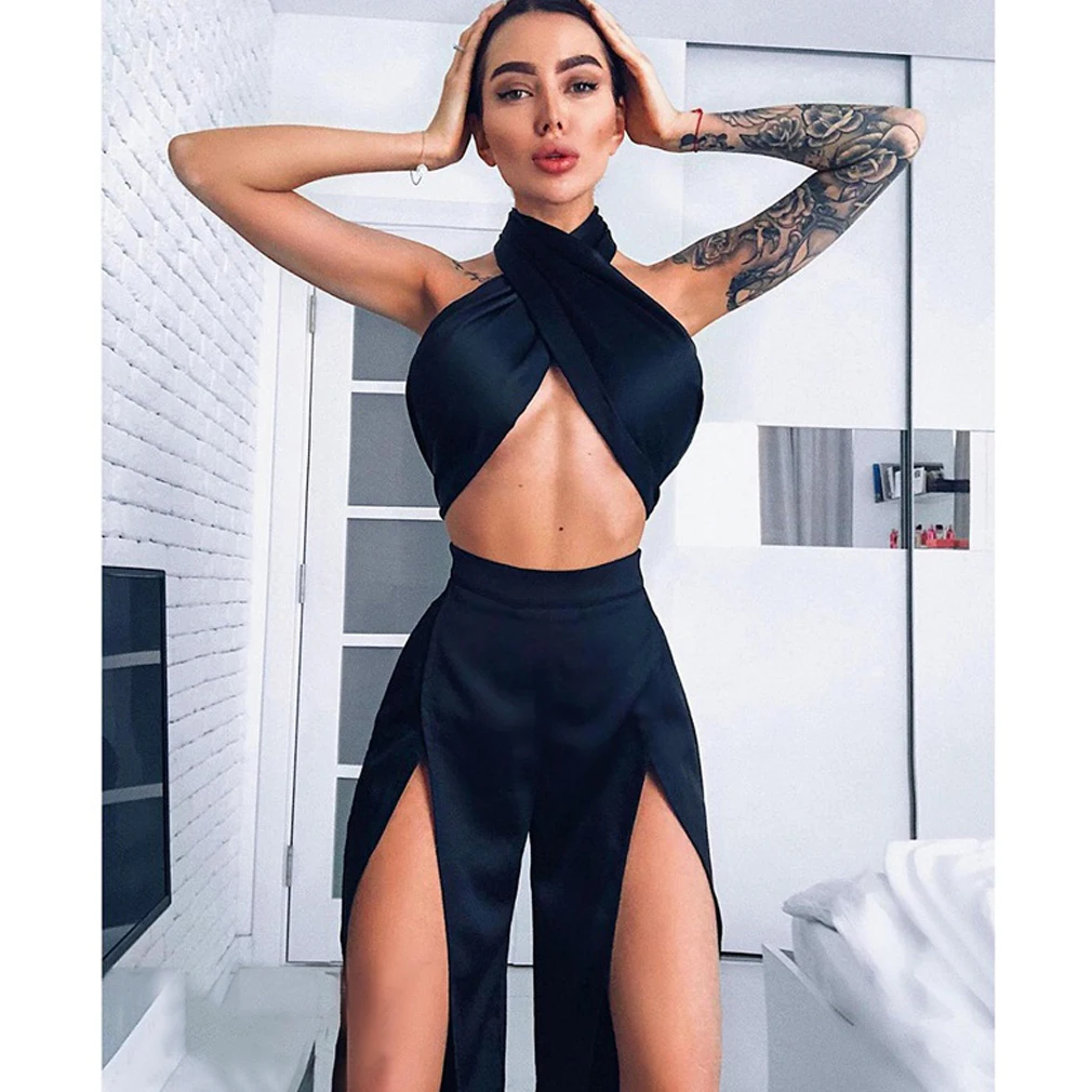 Для женщин комплект из 2 частей сплошной черный Bodycon юбка наряд короткий летний топ Bandge