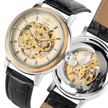 

WINNER Skeleton Design Black Men Mechanical Watch Montre Homme Man Watches Top Brand Luxury Leather Military Golden Wrist Watch