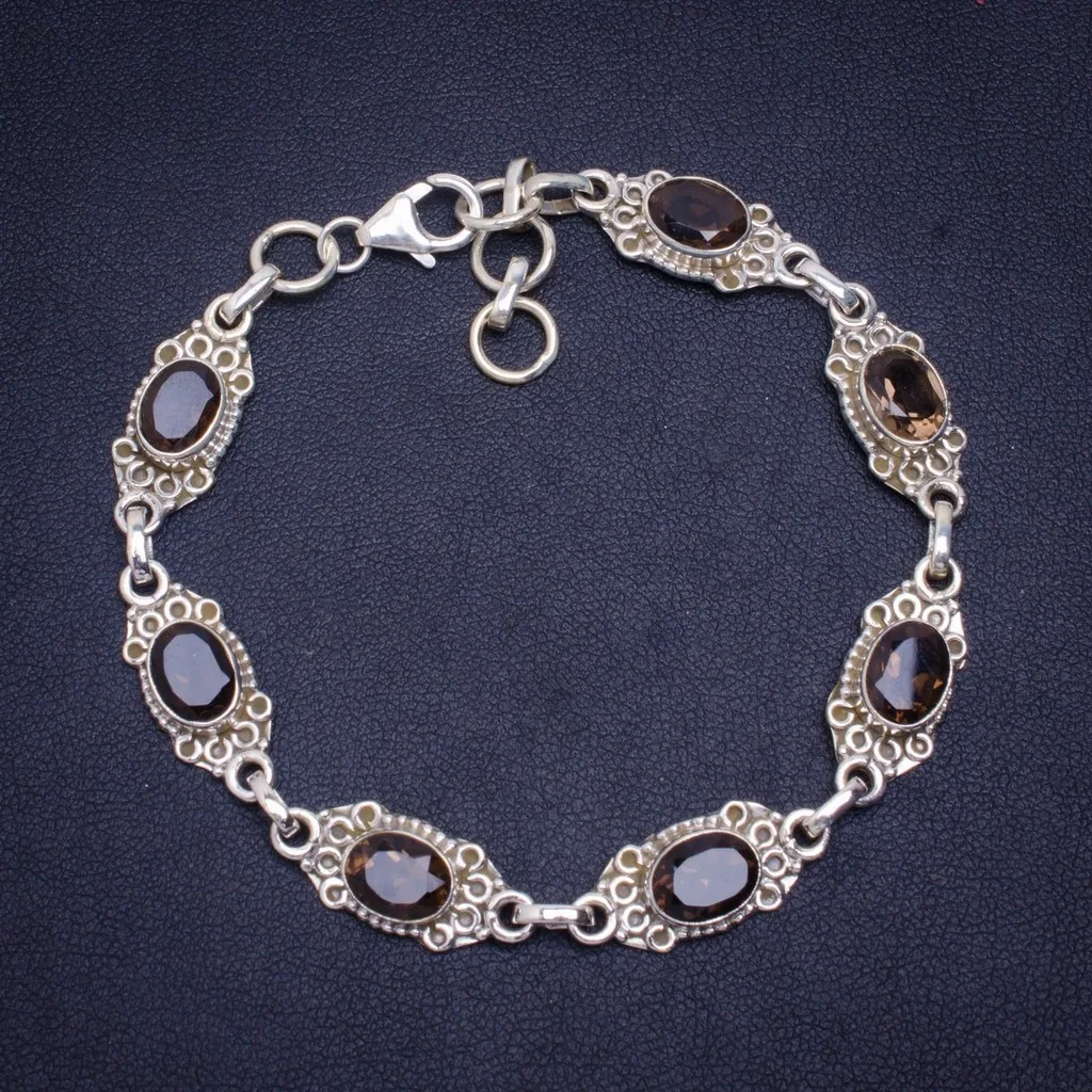 

Natural Smoky Quartz Handmade Unique 925 Sterling Silver Bracelet 7.25-8.25" A2995