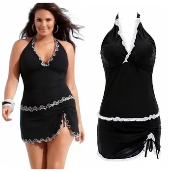 

New Lace Halter Solid Push Up Tankini Plus Size One Piece Swimwear Swimsuits Tankinis Women 2018 XXXL Bathing Suit Black White