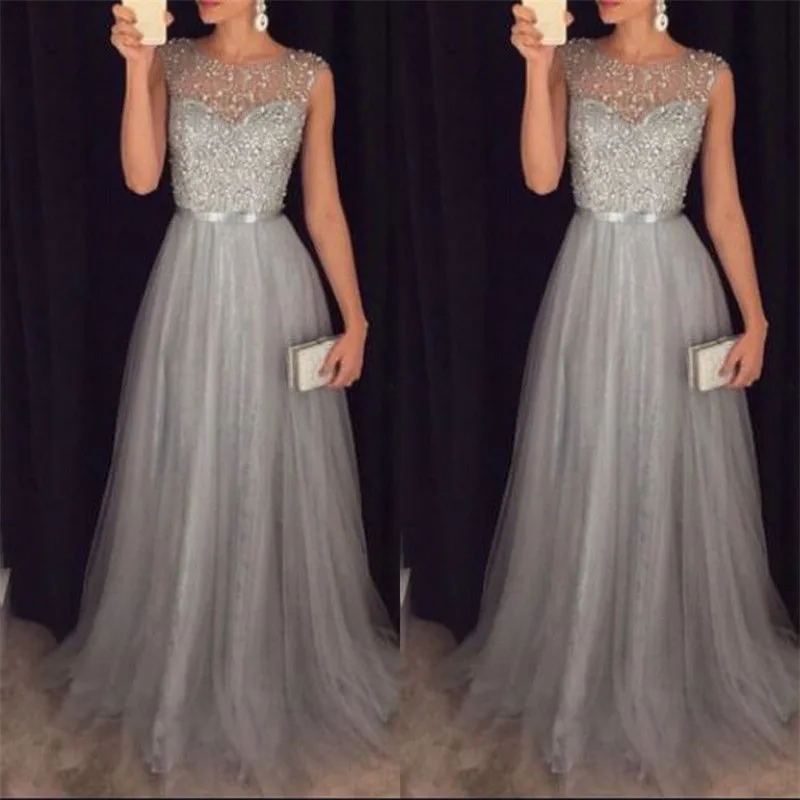

2018 New Style Sequin Women Gray Lace Long Dress Summer Sleeveless Party Evening Formal Wedding Ball Gown Maxi Dress