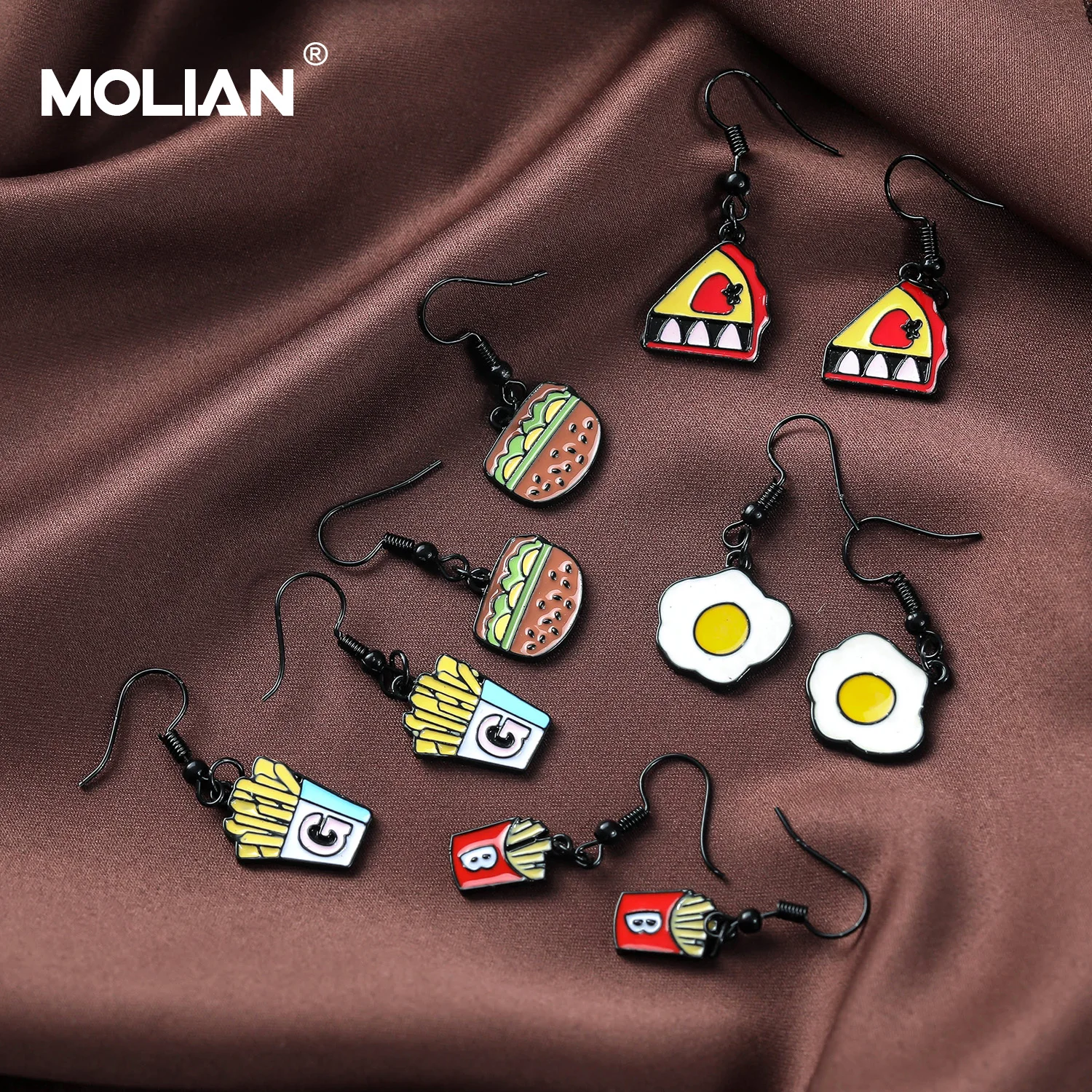 

MOLIAN Cartoon foods Dangle Small drop egg Earrings Black Copper French fries Hamburger Interesting Eardrop jewelry for women