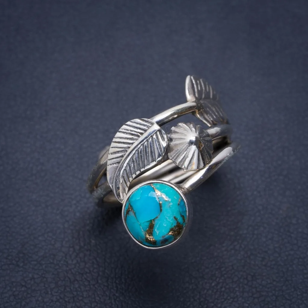 

Natural Turquoise Handmade Unique Leaf 925 Sterling Silver Ring 7 A1255