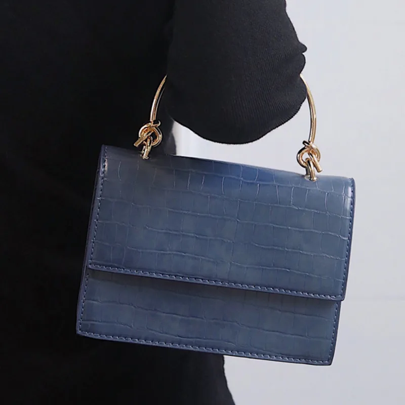 

[Super Seabob]2019 Spring Summer Woman New Brown Color Stone Pattern Spliced Metal Hoop PU Leather Messenger Bag All Match LI965