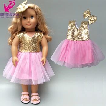 

18 inch doll pink sequin lace dress with bow new born baby doll clothes out wear