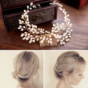 

2019 designer style copper pure handmade pearl long hair comb bride headdress headband bride hair jewelry wholesale