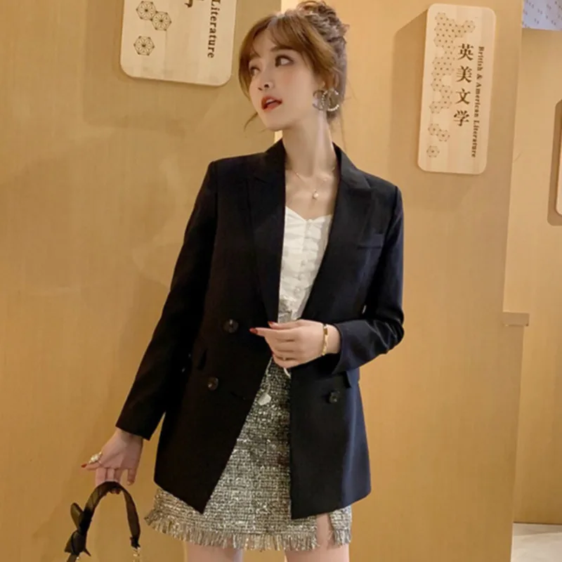 PEONFLY سترة المرأة مزدوجة الصدر عارضة بدلة عمل طويل كم سترة 2019 الأزياء الإناث الحلل بلون فضفاض معطف XXL