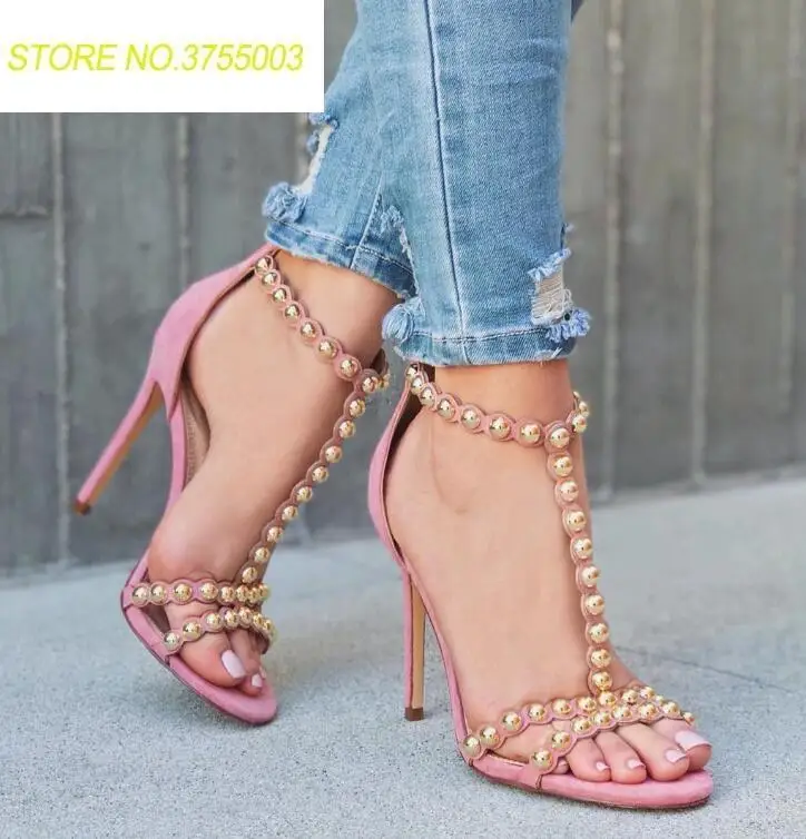 

Fashion Pink Faux Suede Leather Women Open Toe Sandals Golden Rivets T-Strap Ladies Sexy High Heels Summer Fashion Party Shoes
