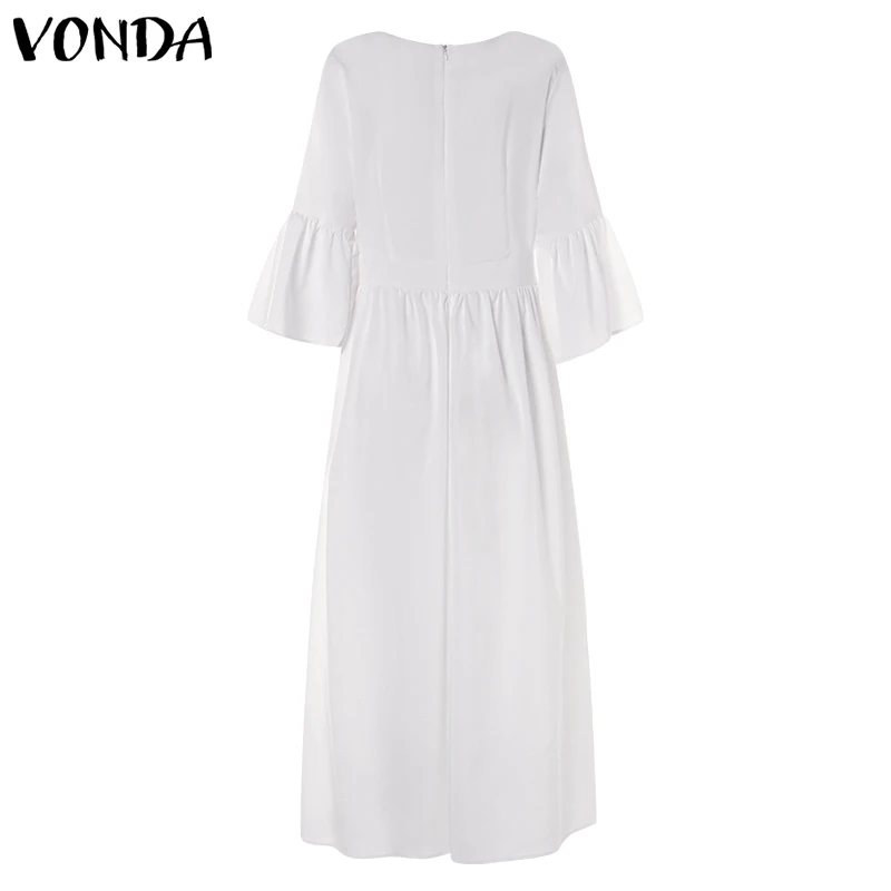 VONDA, женское платье с принтом,, сексуальное, v-образный вырез, рукав с рюшами, разрезное, макси, платья, праздничные, повседневные, свободные, белые, Vestidos размера плюс