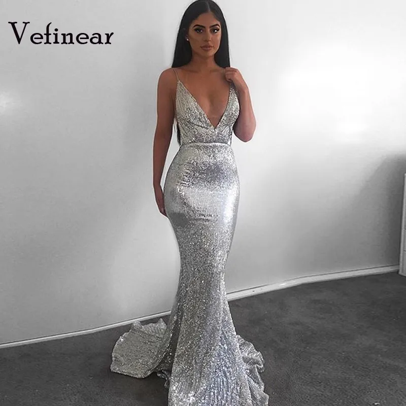 

Vefinear Women Reflective Dress Sexy Backless Spaghetti Strapless Deep V Neck Sequin Dresses Female Party Maxi Long Vestidos XL