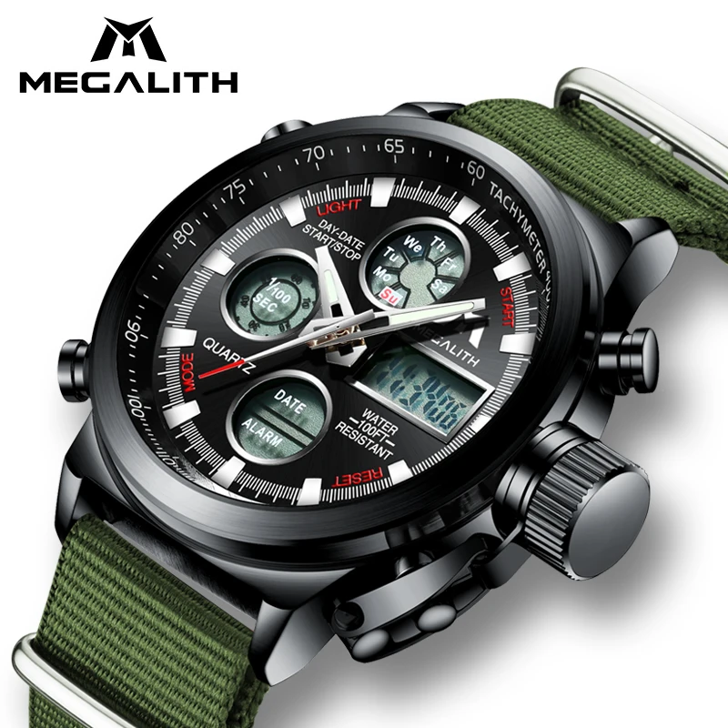 

MEGALITH LED Digital Watch For Mens Waterproof Analog Sports Watches Army Green Nylon Strap Watch Clock Relogio Masculino