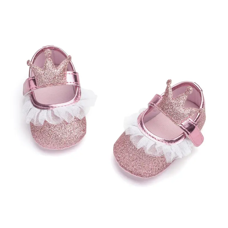 New Baby Girl Shoes Lace PU Leather Princess Baby Crown Shoes First Walkers Newborn Moccasins For Girls Glitter Crib Shoes