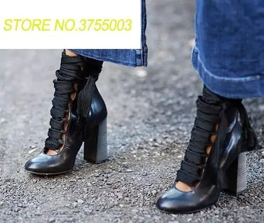 

2018 New Fashion Smooth Leather Round Toe Women Lace Up Booties Chunky Heel Ladies Ankle Boots Plus Size 42 Knight Boots