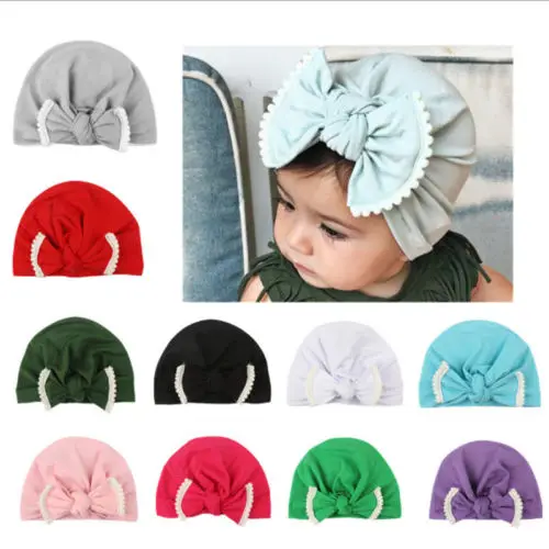 CUTE Newborn Baby Infant Girl Toddler Comfy Bowknot Hospital Cap Beanie Hat SET