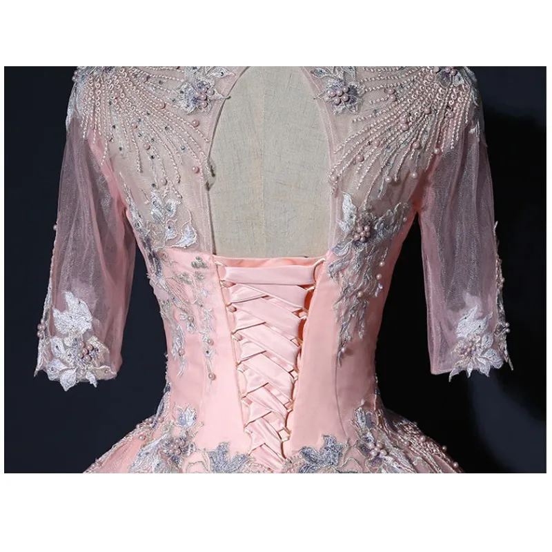 Новые розовые платья Quinceanera мяч халат с рукавами до локтя Сладкий 16 платья светится в течение 15 лет Дешевые Длинные платье для выпускного вечера и фуршетов великолепные