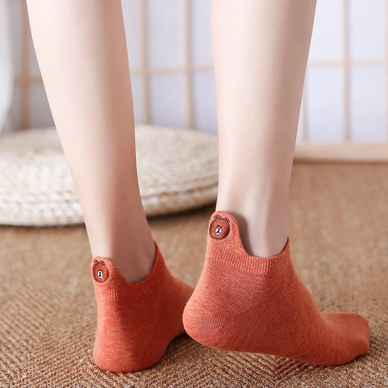 

5 Pair Women's short socks summer Cotton embroidery Bear Happy socks 2019 new Fashion Korean style Women Socks ankle