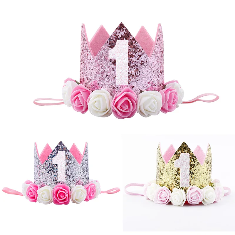 

1Pcs First Birthday Hat Baby Show Accessories 1 Year Old Glitter Rose Decor Birthday Crown Wedding Party Supplies