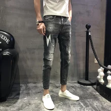 2019 spring hole jeans male Korean version of the fashion personality patch Slim stretch feet youth casual pants Free shipping цена 2019 spring hole jeans male Korean version of the fashion personality patch Slim stretch feet youth casual pants Free shipping цены онлайн