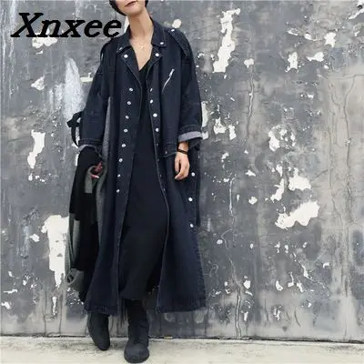 

Women loose trench coat washed jeans denim long casual coat split windbreaker female overcoat winter autumn trench coats Xnxee