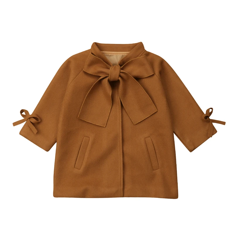 

Toddler Kids Baby Girls Winter Warm Wool Solid Brown Bowknot Long Sleeve Coat Overcoat Outwear Jacket Parka