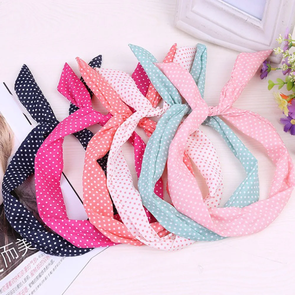1Pc Cute Leopard Dots lip print flower Bunny Rabbit Ear Ribbon Headwear Hairband Metal Wire Scarf Headband Hair Band Accessories