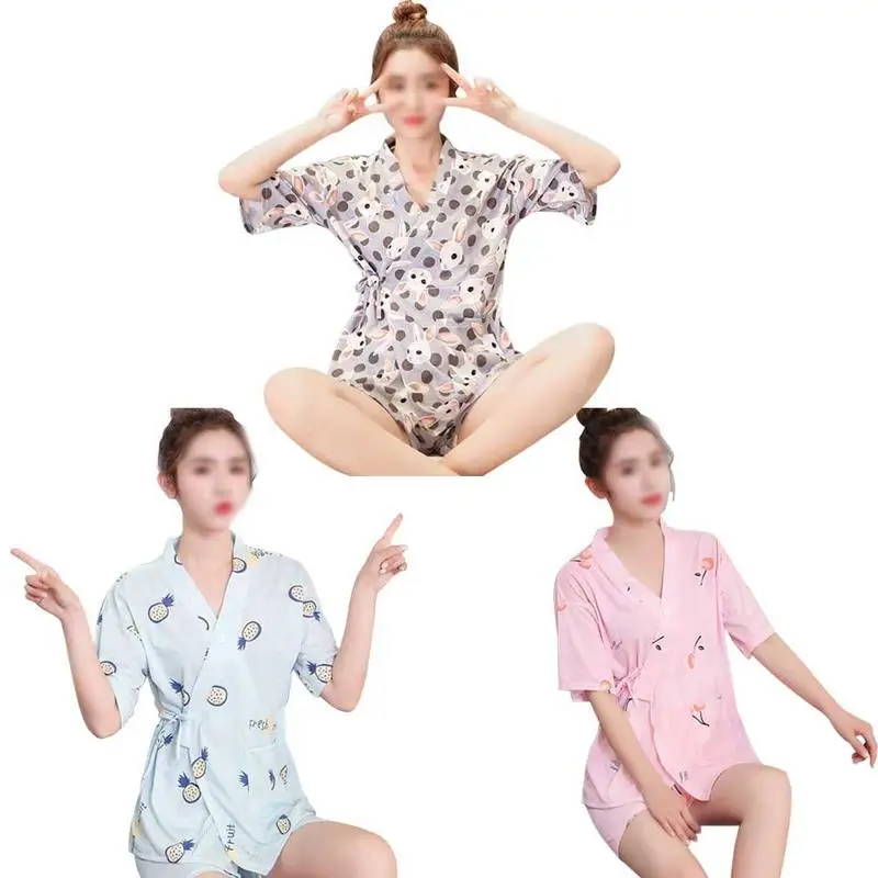 

Summer Japanese Kimono Ladies Home Short Sleeves Shorts Pajamas Sets Cartoon Cute Rabbit Pyjama V-Neck Simple Set For Women