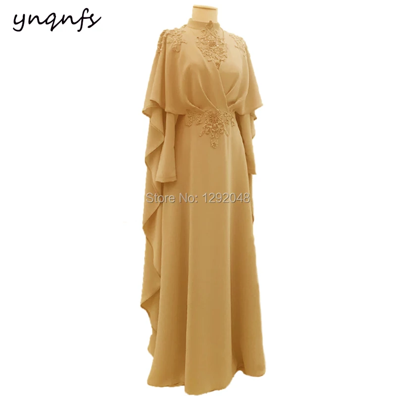 

YNQNFS MW24 Kaftan Abendkleider Robe Soiree Dubai Cape Cloak Long Sleeve Muslim Hijab Evening Dress Bridesmaid Gown Gold