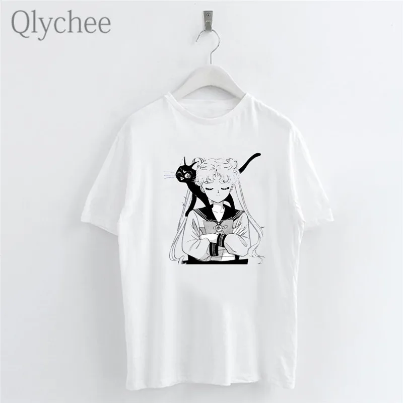 

Qlychee Japanese Anime Comics Sailor Moon Print Women T-Shirt White Casual O-Neck Short Sleeve T Shirts Tee Top Female