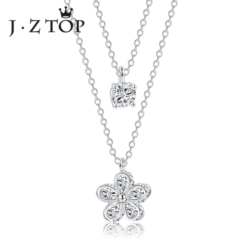 JZTOP Lady Zircon flower Choker Necklaces For Woman Silver Color Double Layer Crystal Pendant Necklace Luxury Engagement Jewelry | Украшения