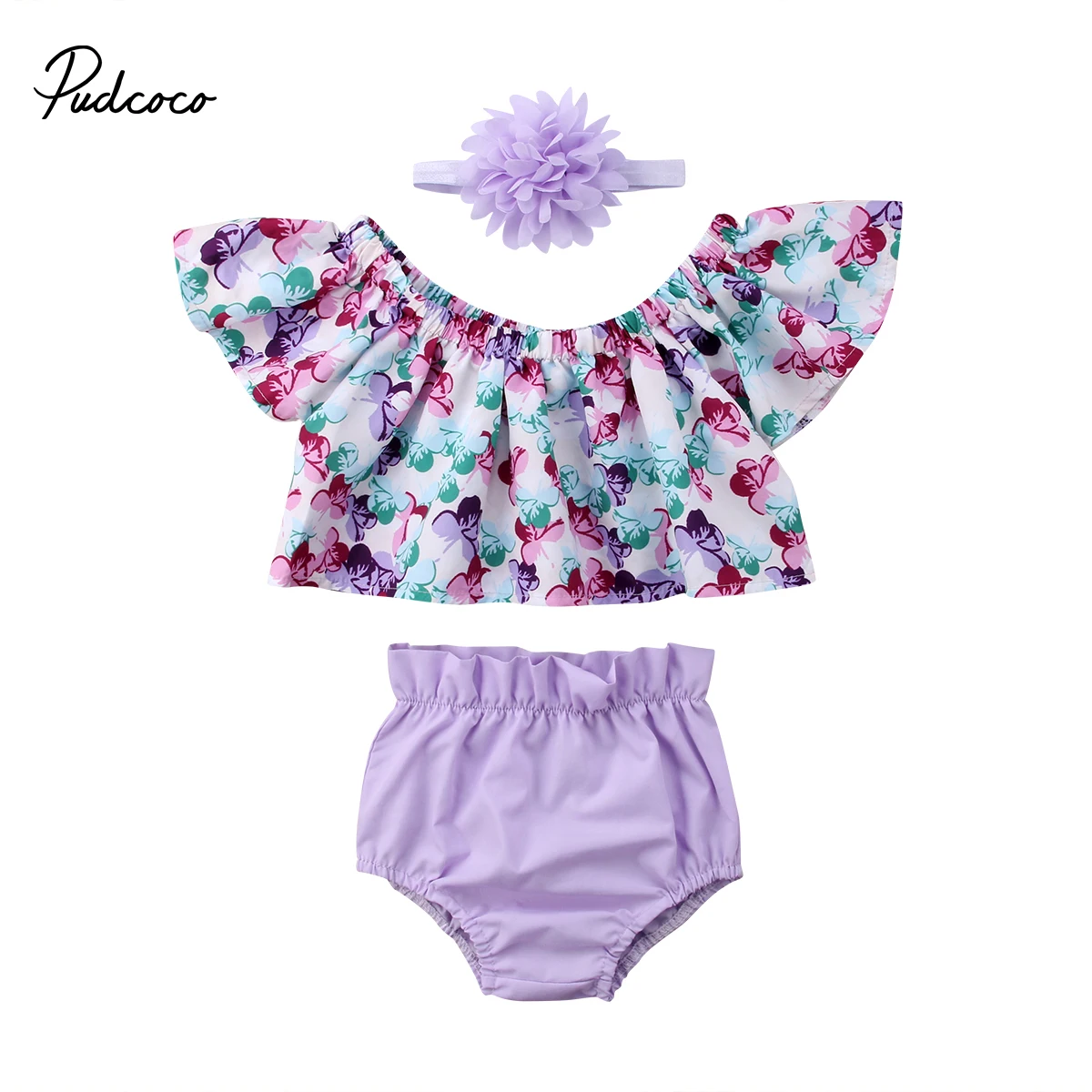 2019 Children Summer Clothing Newborn Infant Baby Girl Floral Off Shoulder T-shirt Top+PP Short Pant+Headband 3Pcs Sets Outfit | Детская