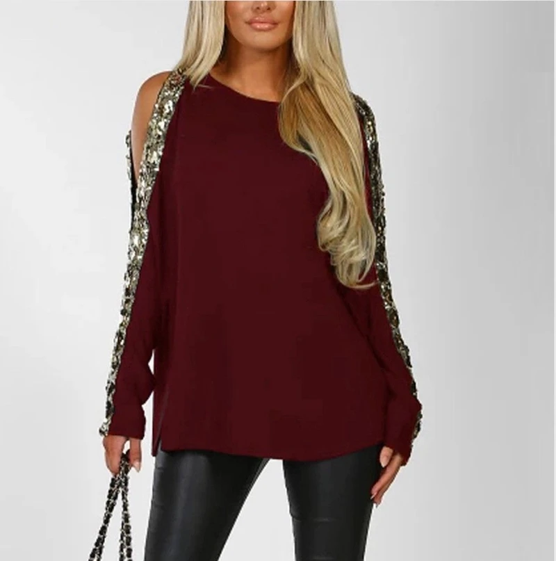 

High Street Women Sequin Side Blouse Hollow Out Long Sleeve Ladies Casual Shirt Tops New Plus Size S-XXL