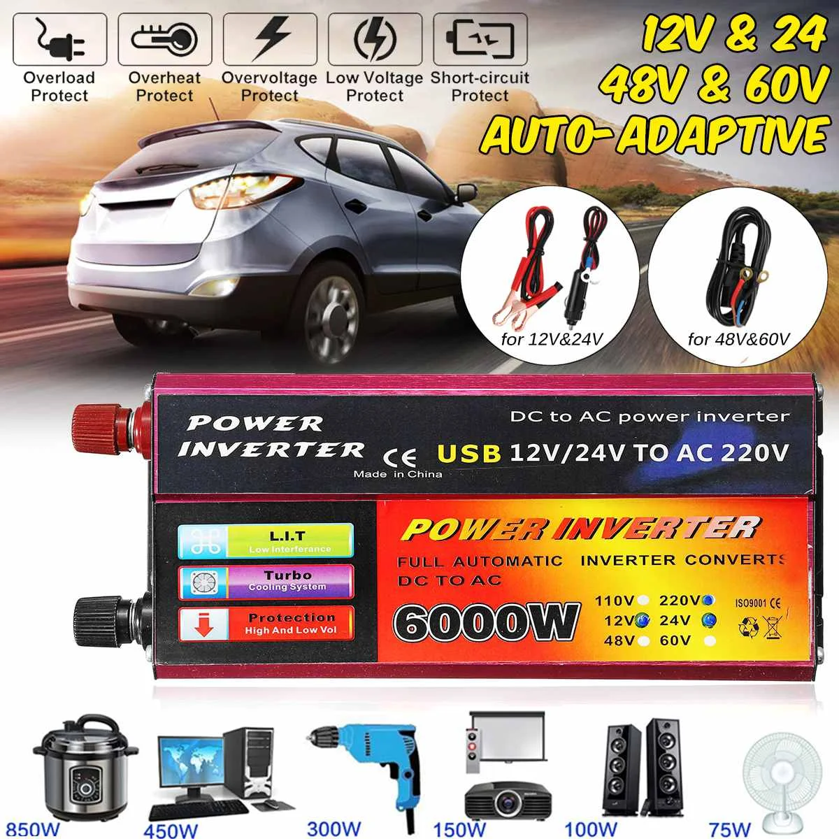

Solar Inverter 12V 220V 1000W 6000W Pe ak Voltage Converter Transformer DC 12V&24V 48V&60V To AC 110V/220V Auto Adapt Inversor