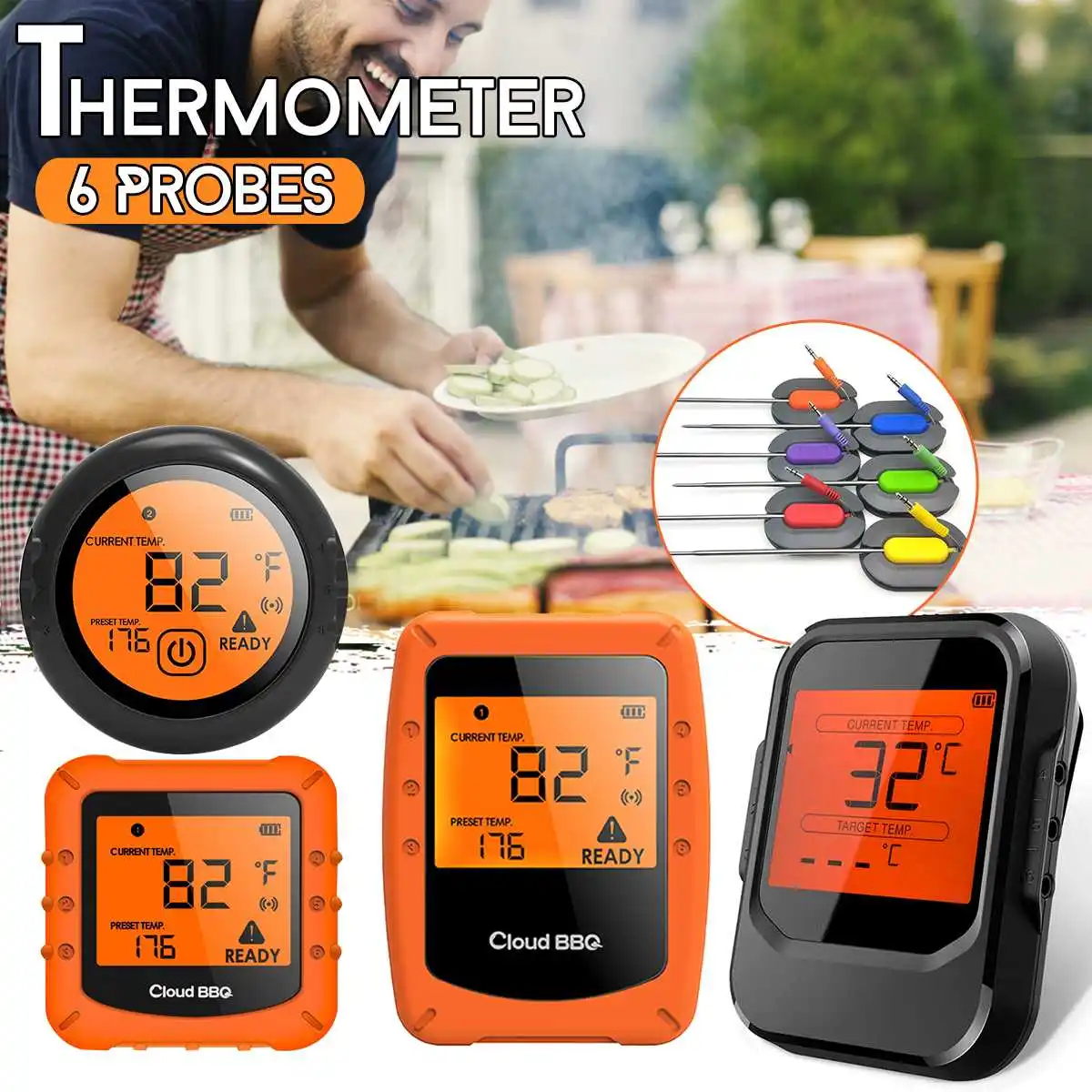 

Digital Wireless BBQ Thermometer With 6 Probes bluetooth Control Food Cooking Timer Oven Meat Grill Thermometer Kitchen Tool